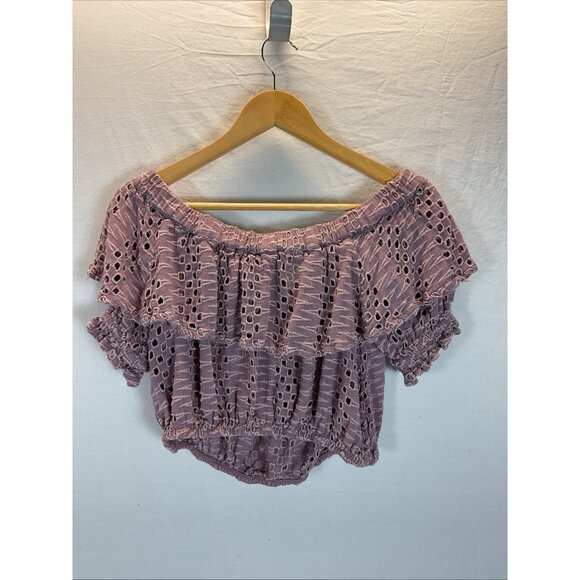 Free People That Girl Eyelet Off The Shoulder Ruffle Crop Top Size‎ XS purple - Picture 3 of 8